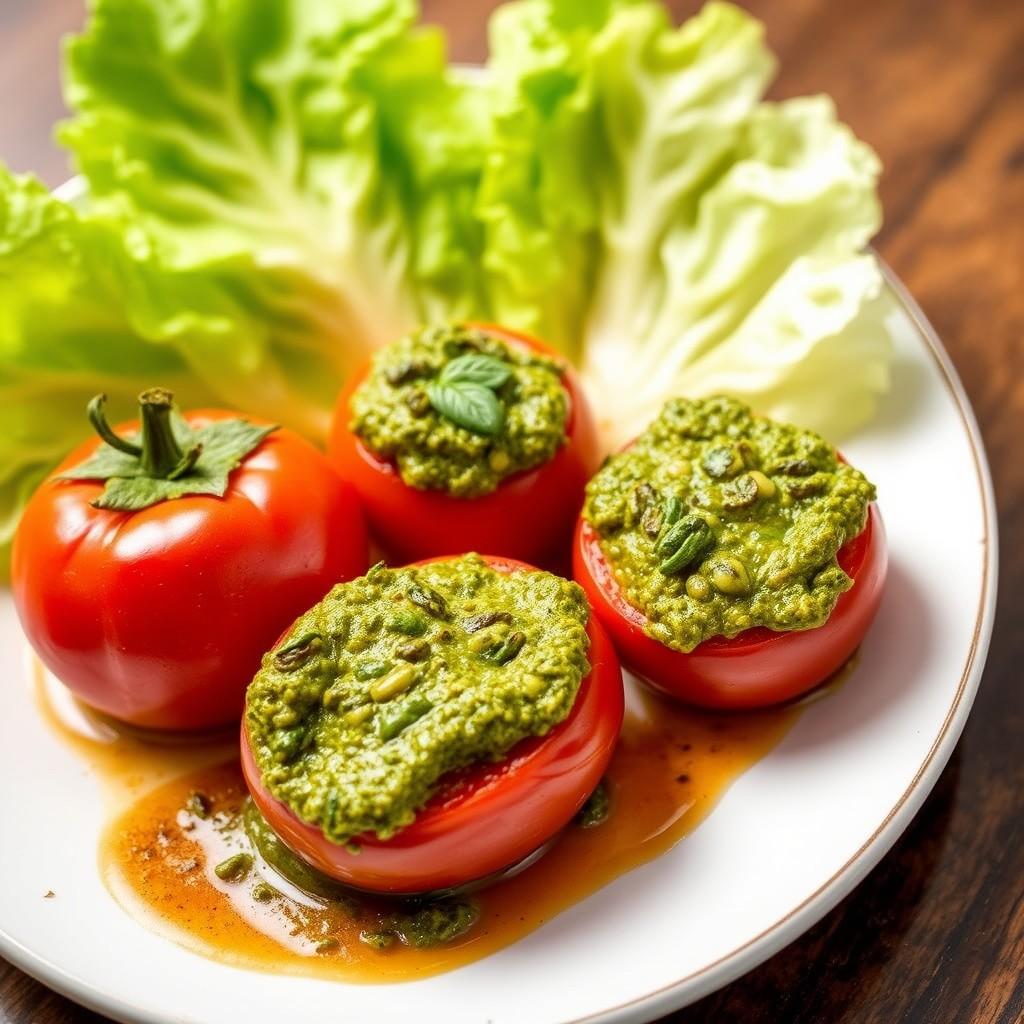 Pesto Stuffed Tomatoes on Lettuce