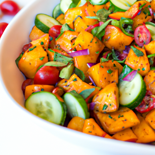 Sweet Potato Mosaic Salad with Cucumber and Cherry Tomato