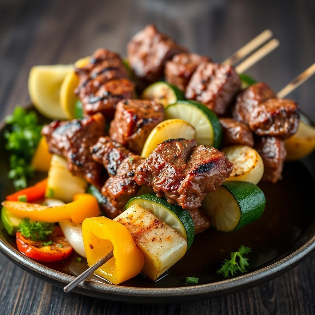 Grilled Vegetable and Beef Skewers