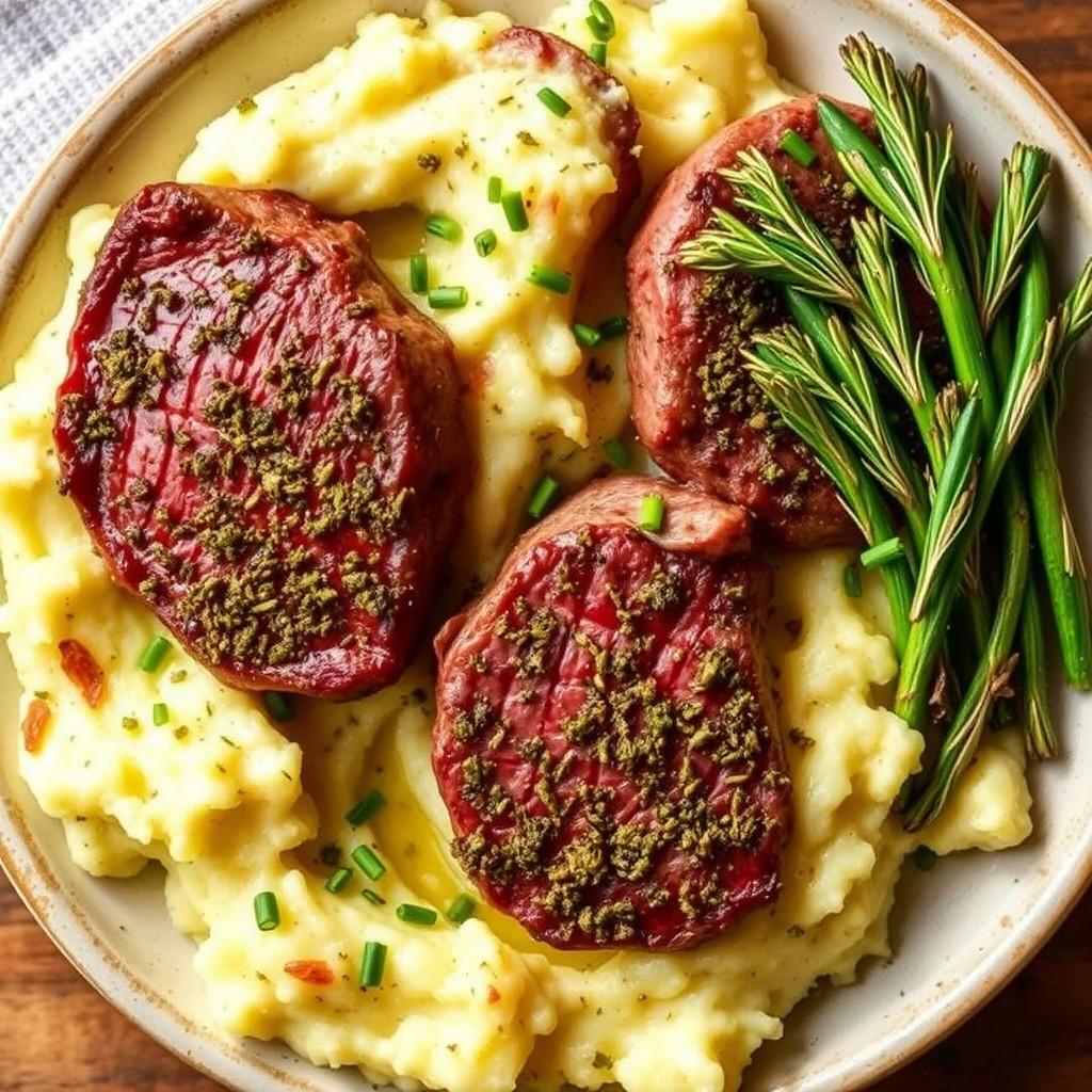 Herb-Crusted Beef Medallions with Garlic Mashed Potatoes